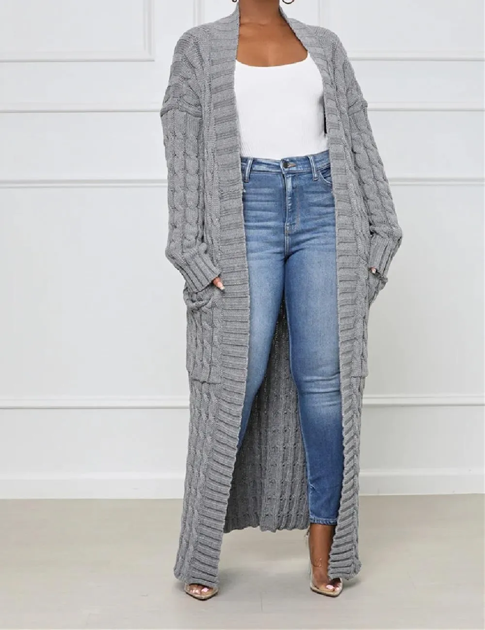 Womens Thin Stylish Cable Knit Dual Extra Long Maxi Cardigan with 2-Pockets