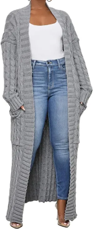 Womens Thin Stylish Cable Knit Dual Extra Long Maxi Cardigan with 2-Pockets