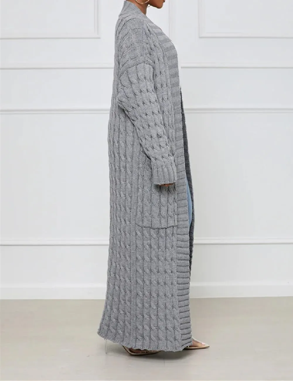 Womens Thin Stylish Cable Knit Dual Extra Long Maxi Cardigan with 2-Pockets