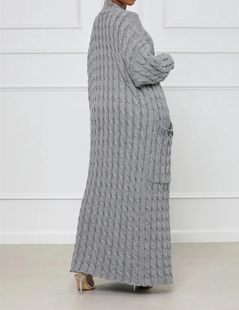 Womens Thin Stylish Cable Knit Dual Extra Long Maxi Cardigan with 2-Pockets