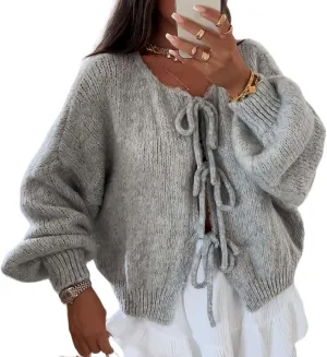 Womens V Neck Cardigan Sweater Bows Tie Open Front Chunky Knitwear Lightweight Coats