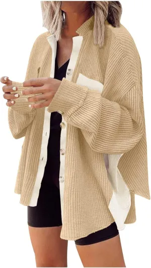 Womens Waffle Knit Button Down Shirts Casual Long Sleeve Shacket Jacket Fall Fashion 2023 Outerwear Jackets Coats