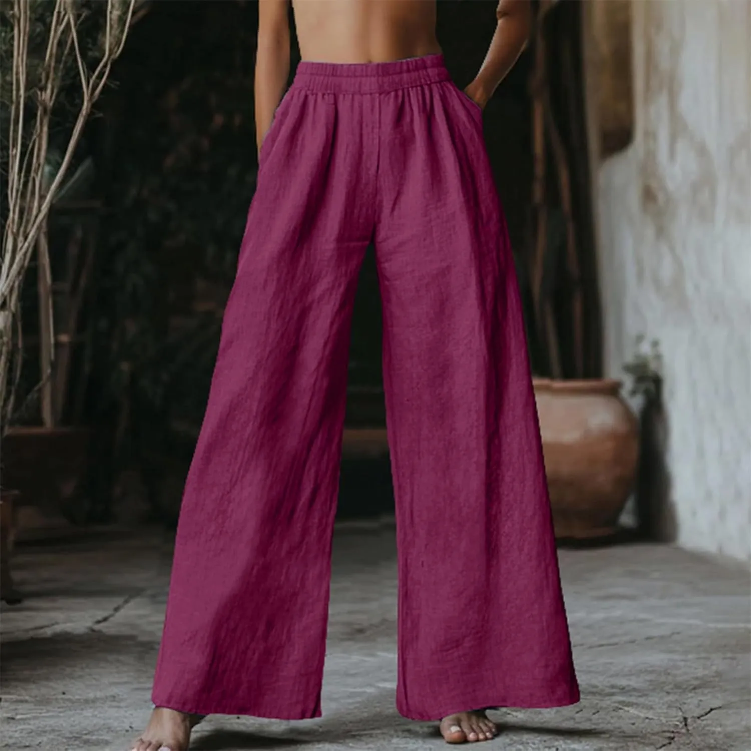 Women's Wide Leg Pants with Pockets Work Pants with Pockets Elastic High Waist Paper Summer Boho Wide Leg High Waist