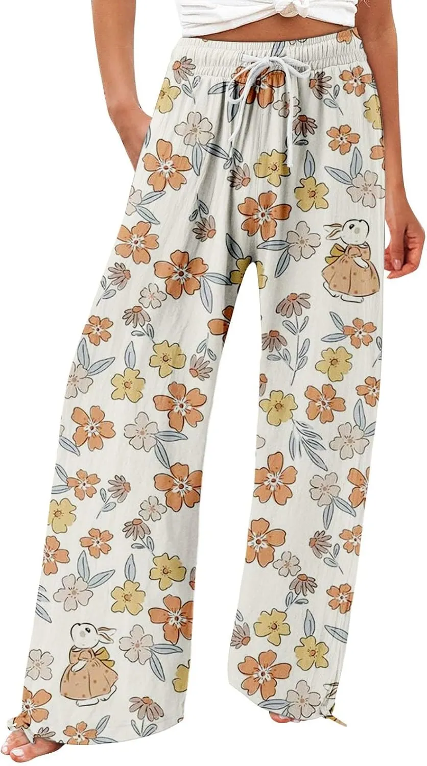 Women's Wide Leg Pants Womens Cotton Casual Loose Pants Comfy Work Pants Elastic High Waist Loose Baggy Palazzo