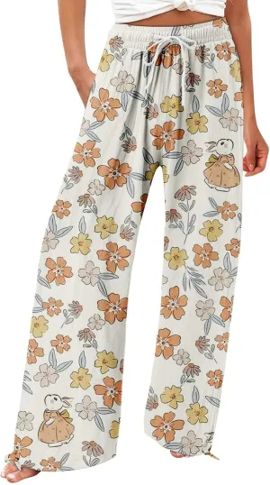 Women's Wide Leg Pants Womens Cotton Casual Loose Pants Comfy Work Pants Elastic High Waist Loose Baggy Palazzo