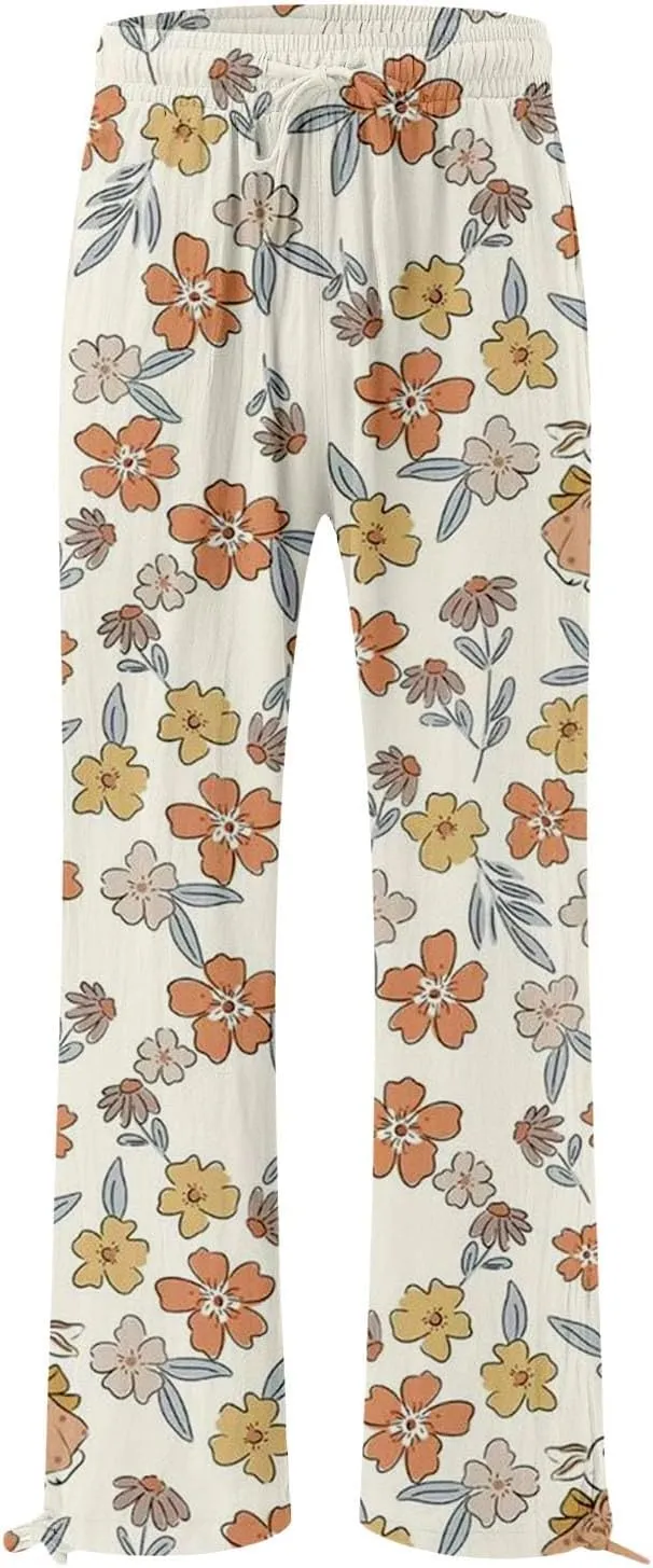 Women's Wide Leg Pants Womens Cotton Casual Loose Pants Comfy Work Pants Elastic High Waist Loose Baggy Palazzo