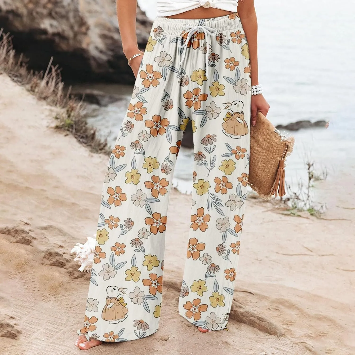 Women's Wide Leg Pants Womens Cotton Casual Loose Pants Comfy Work Pants Elastic High Waist Loose Baggy Palazzo