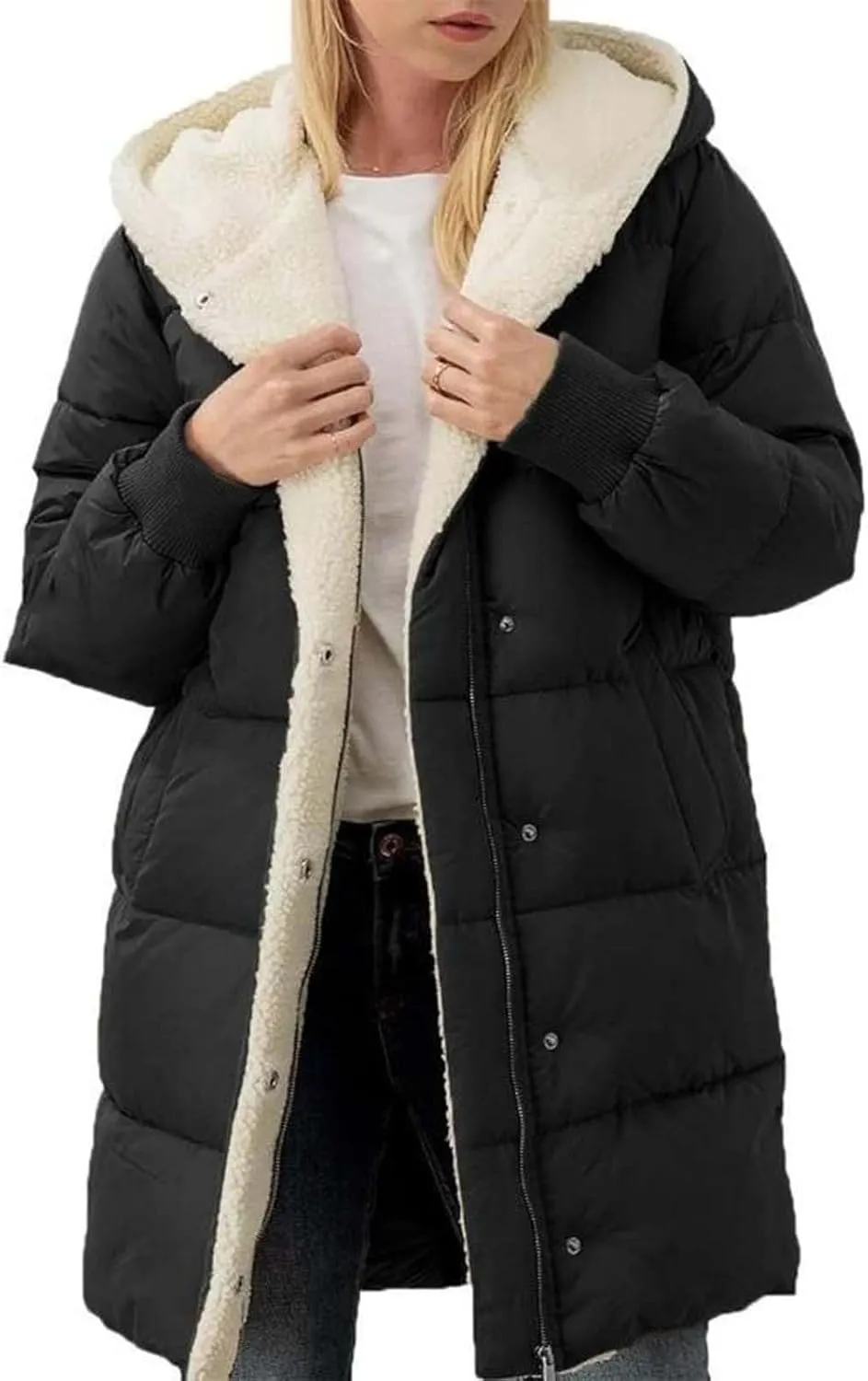 Womens Winter Coat Jacket Fleece Lined Long Sleeve Outwear Full Zipper Solid Coat Winter Warm Down Jacket with