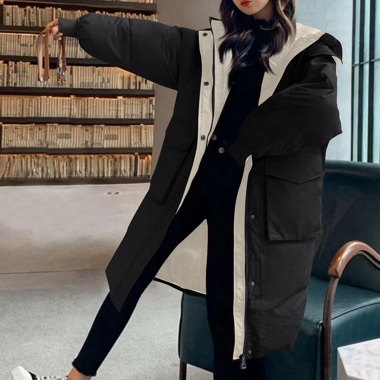 Women's Winter Overcoat Tops Long Jacket with Hood Trench Coat Solid Outwear Long Sleeve Coats with Pockets