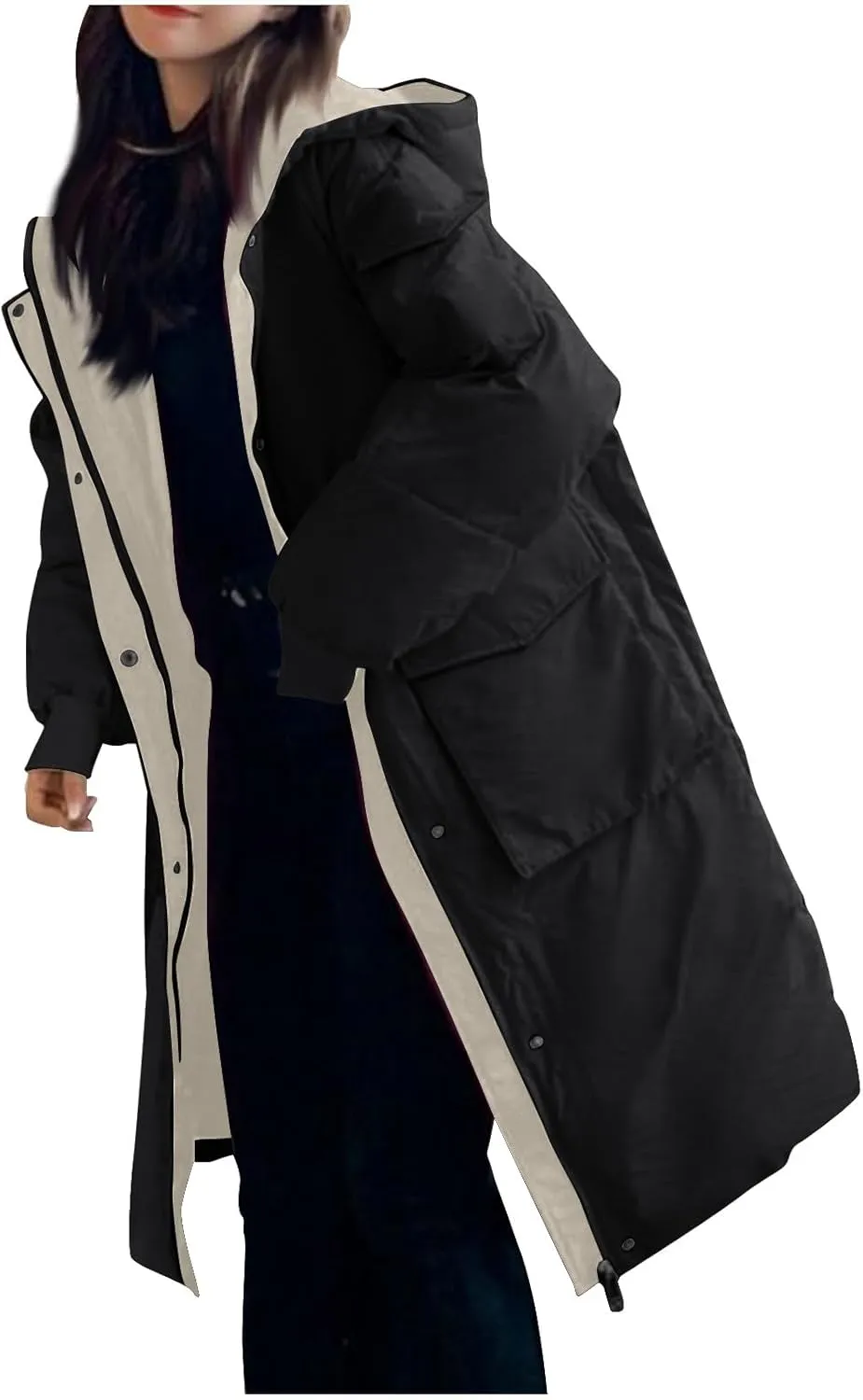 Women's Winter Overcoat Tops Long Jacket with Hood Trench Coat Solid Outwear Long Sleeve Coats with Pockets