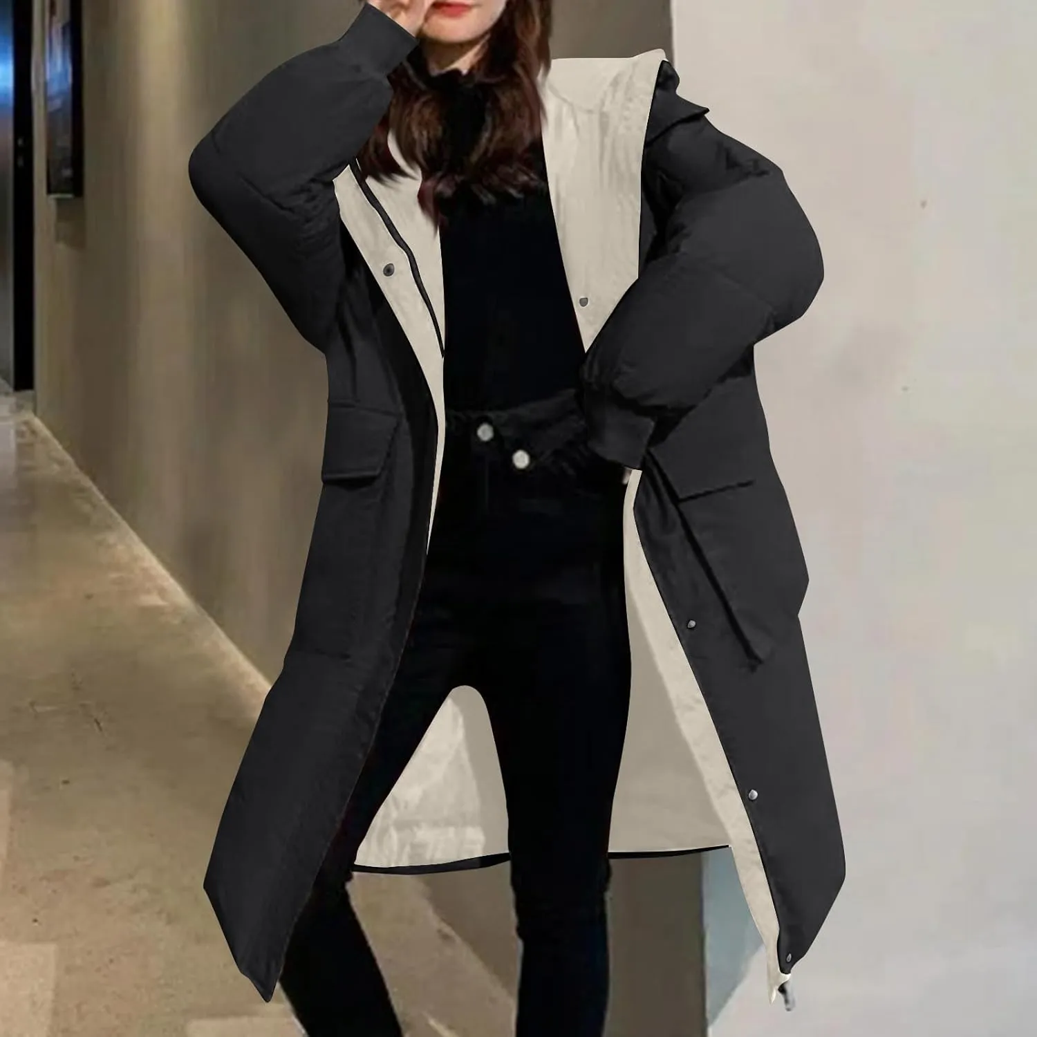 Women's Winter Overcoat Tops Long Jacket with Hood Trench Coat Solid Outwear Long Sleeve Coats with Pockets