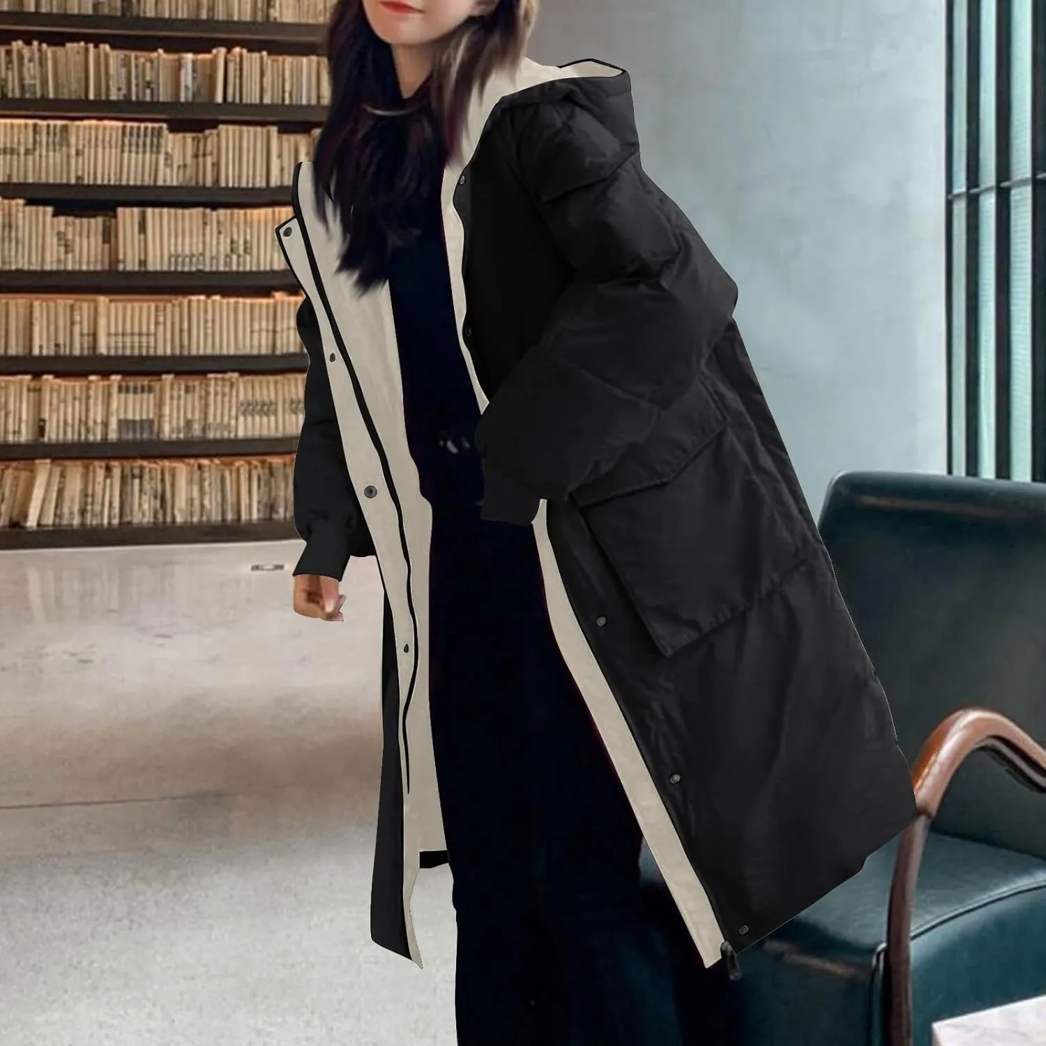 Women's Winter Overcoat Tops Long Jacket with Hood Trench Coat Solid Outwear Long Sleeve Coats with Pockets