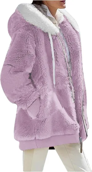 Womens Winter Thick Coat Hooded Zip Casual Outwear Insulated Slim Soft Fleece Jacket with Pocket Daily Outdoor Clothes