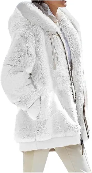 Womens Winter Thick Coat Hooded Zip Casual Outwear Insulated Slim Soft Fleece Jacket with Pocket Daily Outdoor Clothes