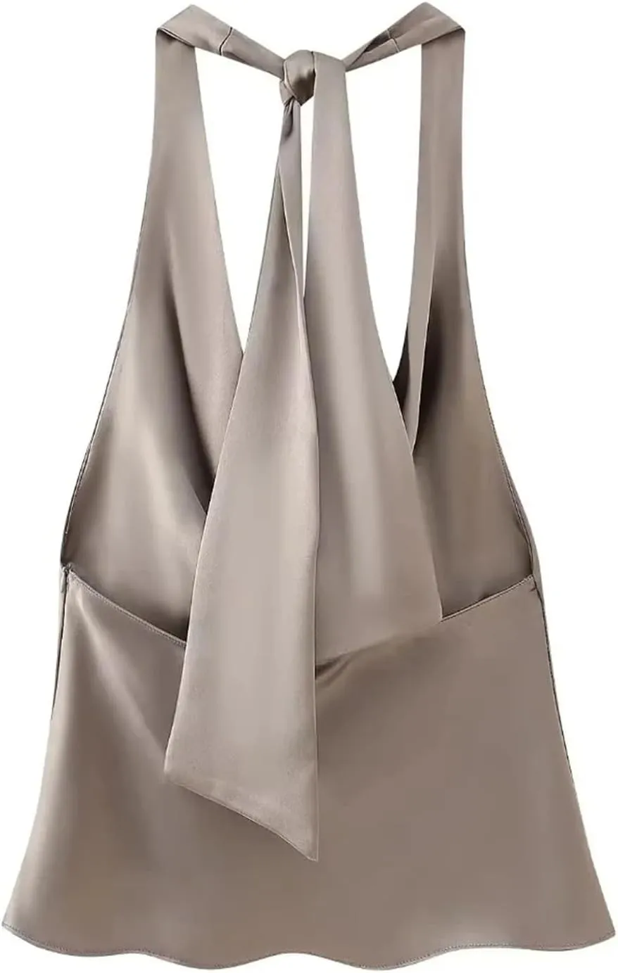 Women's with Ruched Satin Camisole Vest Top Sexy Sleeveless Backless Slim Crop Tanks Top