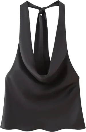 Women's with Ruched Satin Camisole Vest Top Sexy Sleeveless Backless Slim Crop Tanks Top