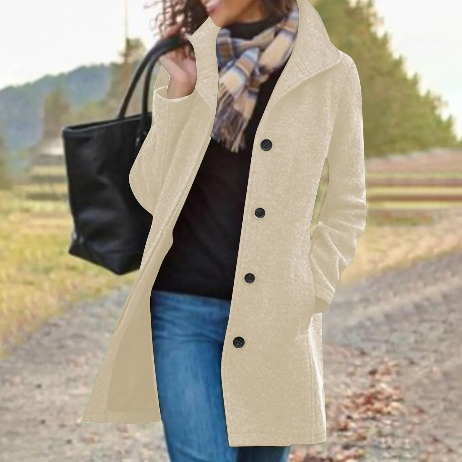 Women's Wool Pea Coat Mid Length Button Down Cardigan Fashion Overcoat Winter Casual Warm Fleece Trench Coat
