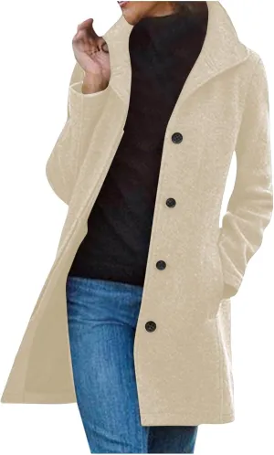 Women's Wool Pea Coat Mid Length Button Down Cardigan Fashion Overcoat Winter Casual Warm Fleece Trench Coat