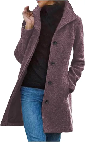 Women's Wool Pea Coat Mid Length Button Down Cardigan Fashion Overcoat Winter Casual Warm Fleece Trench Coat