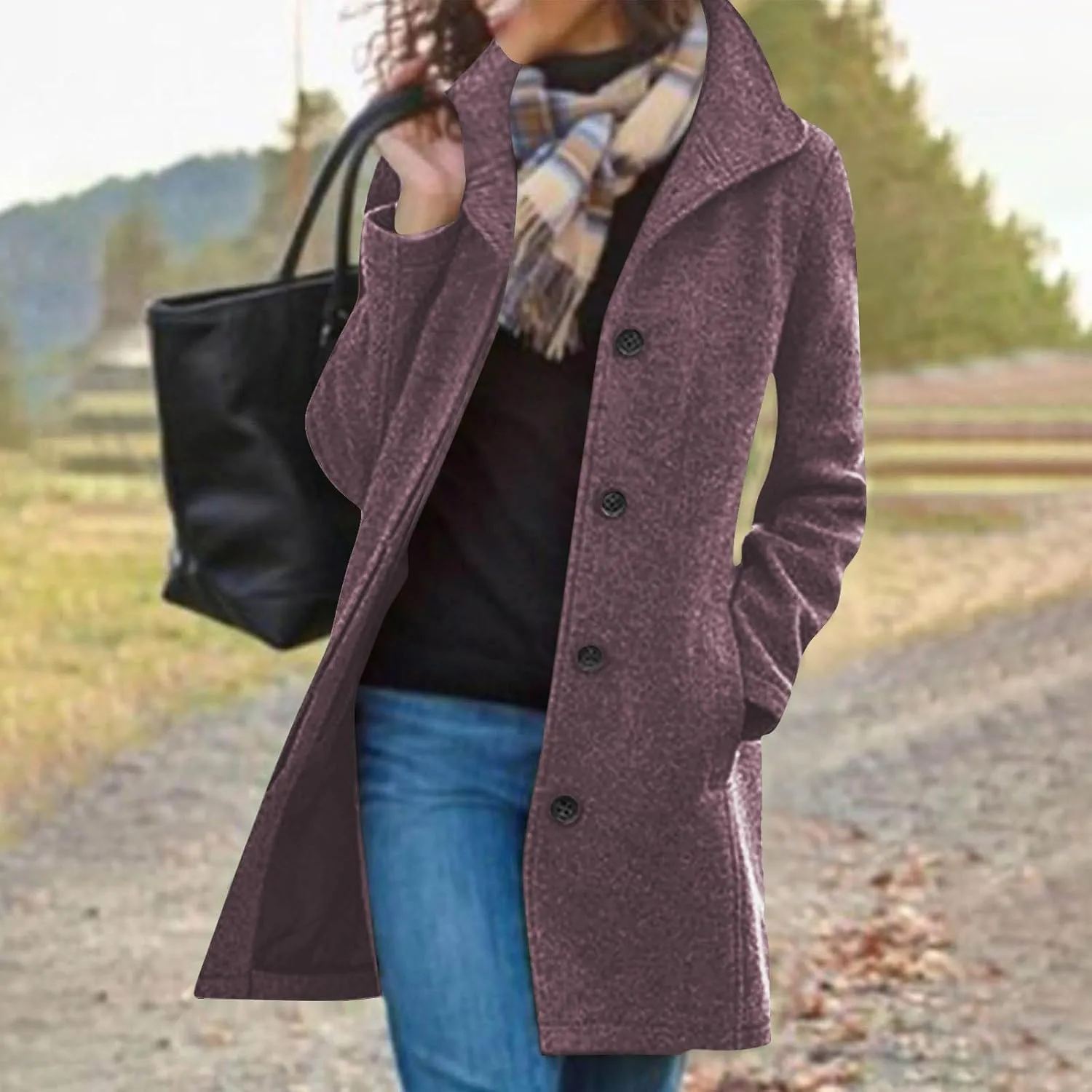 Women's Wool Pea Coat Mid Length Button Down Cardigan Fashion Overcoat Winter Casual Warm Fleece Trench Coat