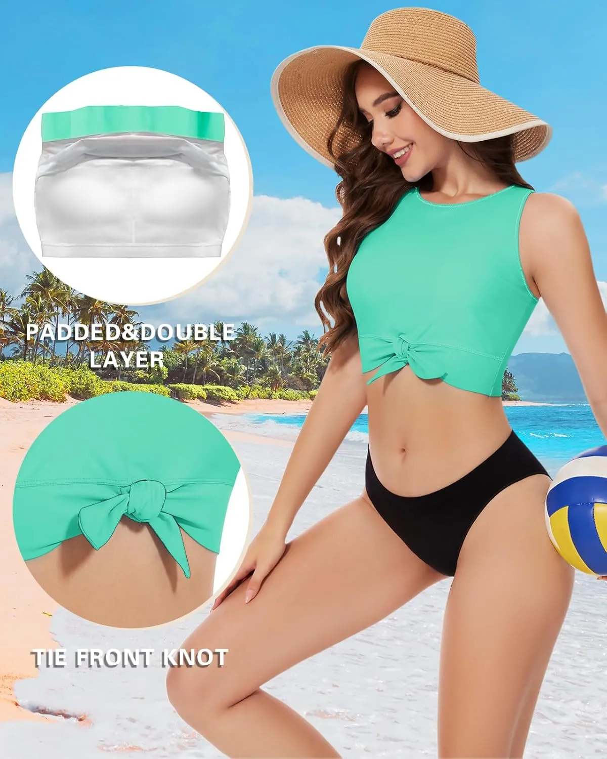 WOWENY High Neck Bikini Top Tie Knot Front Crop Top Tankini Swimsuit Swim Tops Only