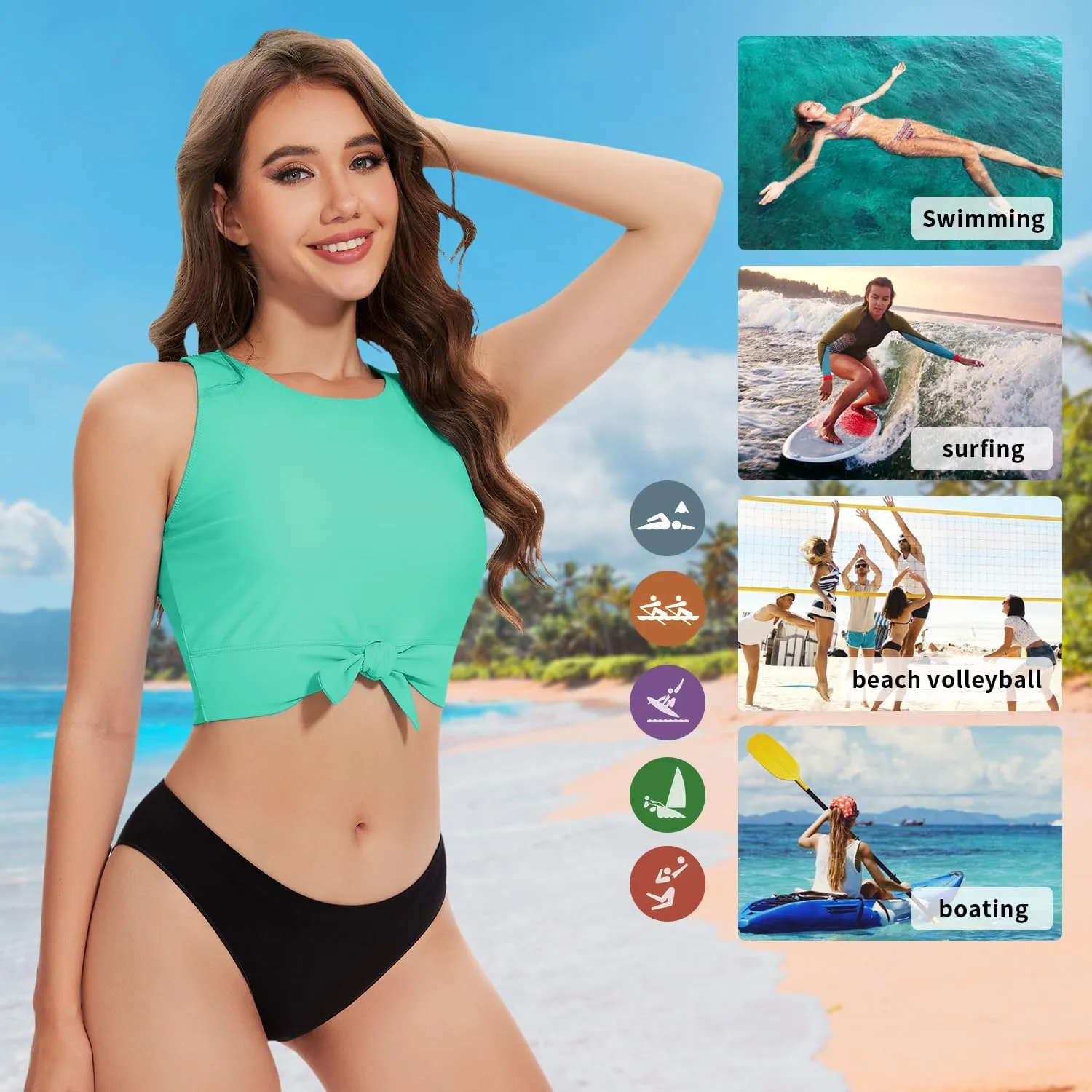 WOWENY High Neck Bikini Top Tie Knot Front Crop Top Tankini Swimsuit Swim Tops Only