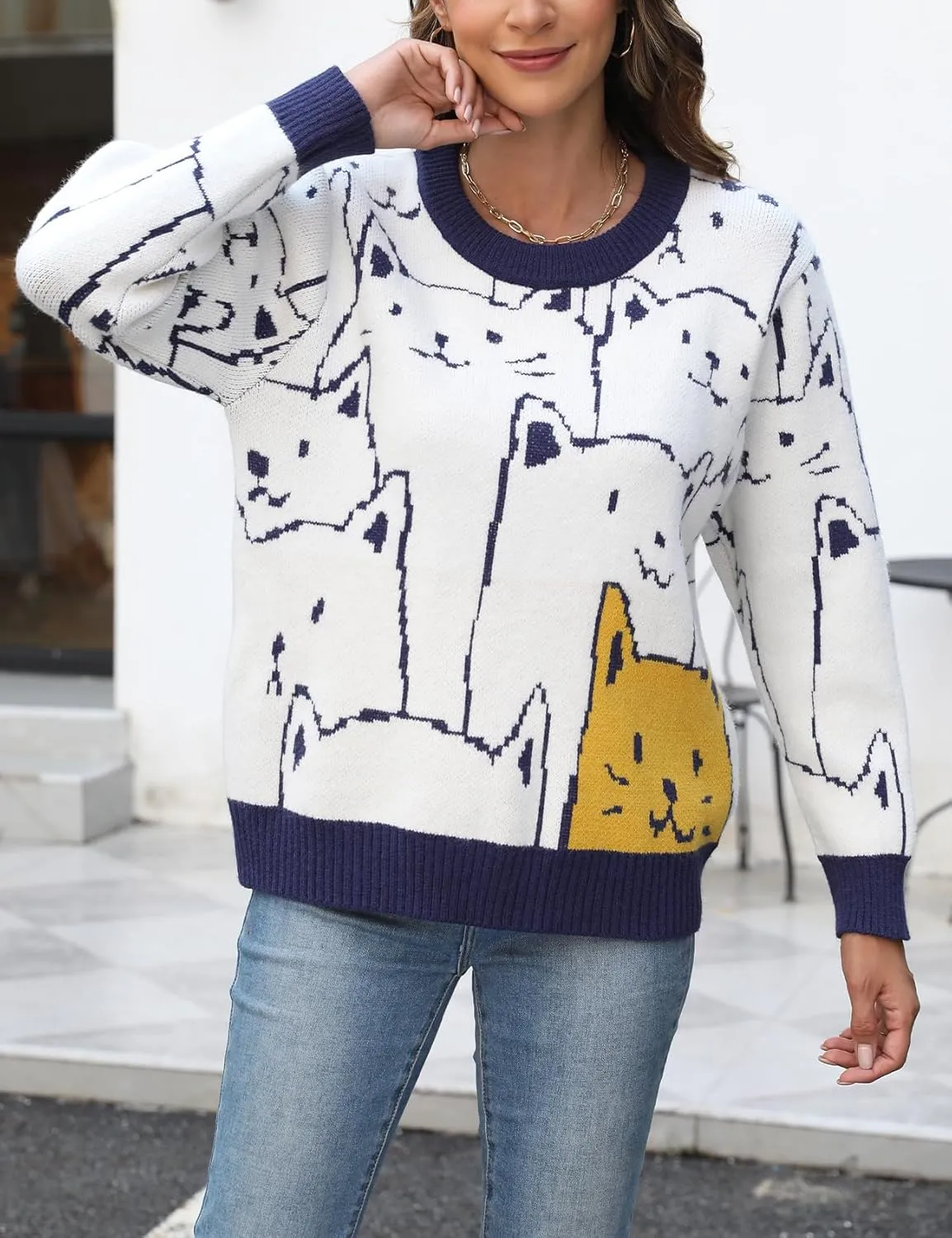 Wyeysyt Cat Sweater for Women Pullover Oversized Crewneck Cable Knit Sweater Cute Kawaii Cartoon Loose Fit Pullover Top