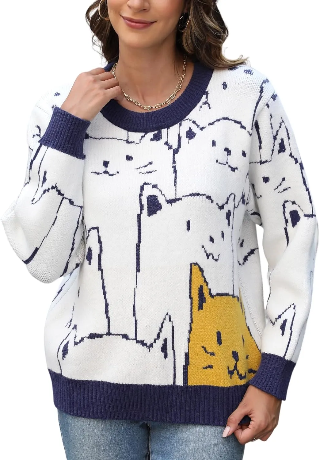 Wyeysyt Cat Sweater for Women Pullover Oversized Crewneck Cable Knit Sweater Cute Kawaii Cartoon Loose Fit Pullover Top
