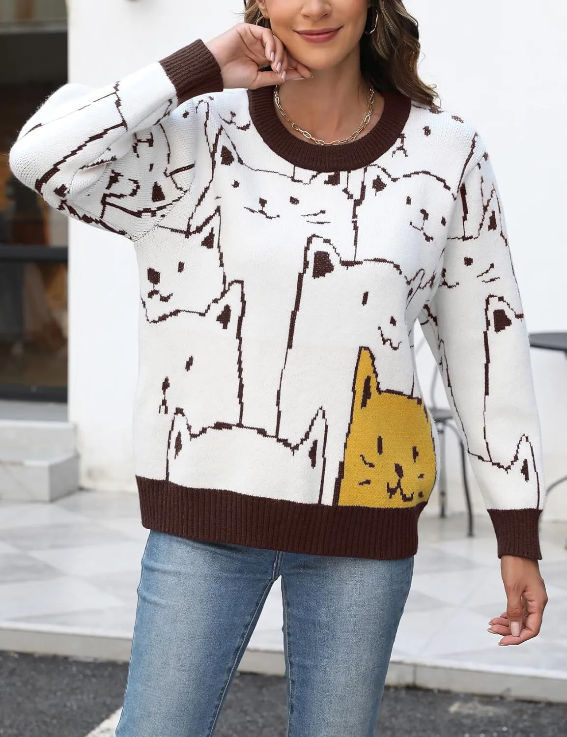 Wyeysyt Cat Sweater for Women Pullover Oversized Crewneck Cable Knit Sweater Cute Kawaii Cartoon Loose Fit Pullover Top