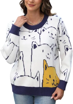 Wyeysyt Cat Sweater for Women Pullover Oversized Crewneck Cable Knit Sweater Cute Kawaii Cartoon Loose Fit Pullover Top