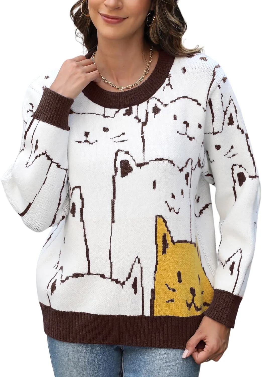 Wyeysyt Cat Sweater for Women Pullover Oversized Crewneck Cable Knit Sweater Cute Kawaii Cartoon Loose Fit Pullover Top