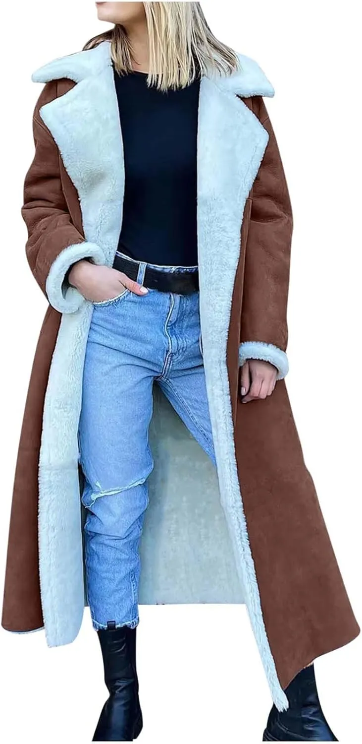 XUNRYAN Womens Trench Coats Maxi Long Thicken Winter Sherpa Fleece Jacket Warm Lapel Peacoat Shearling Parka Overcoat Anorak