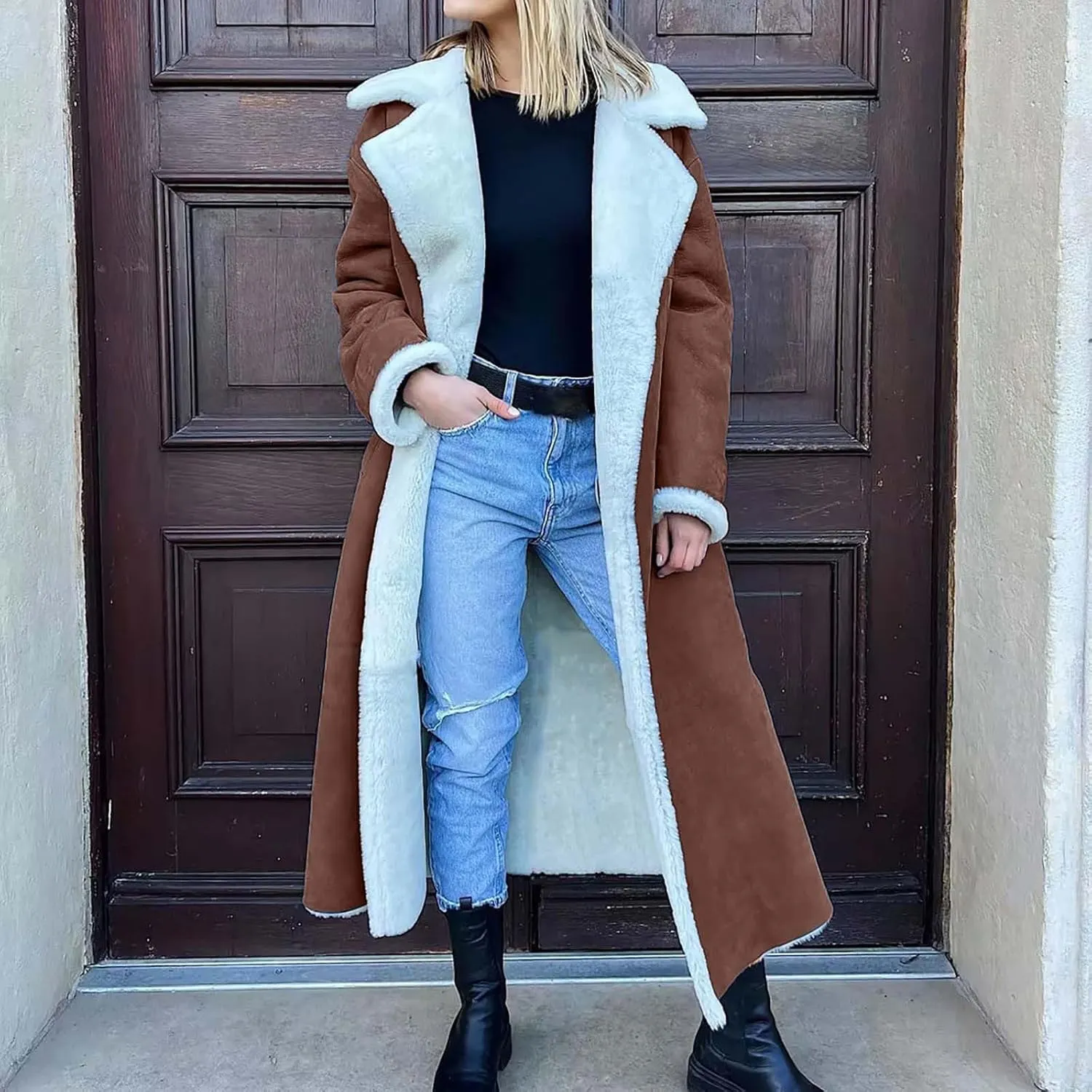 XUNRYAN Womens Trench Coats Maxi Long Thicken Winter Sherpa Fleece Jacket Warm Lapel Peacoat Shearling Parka Overcoat Anorak