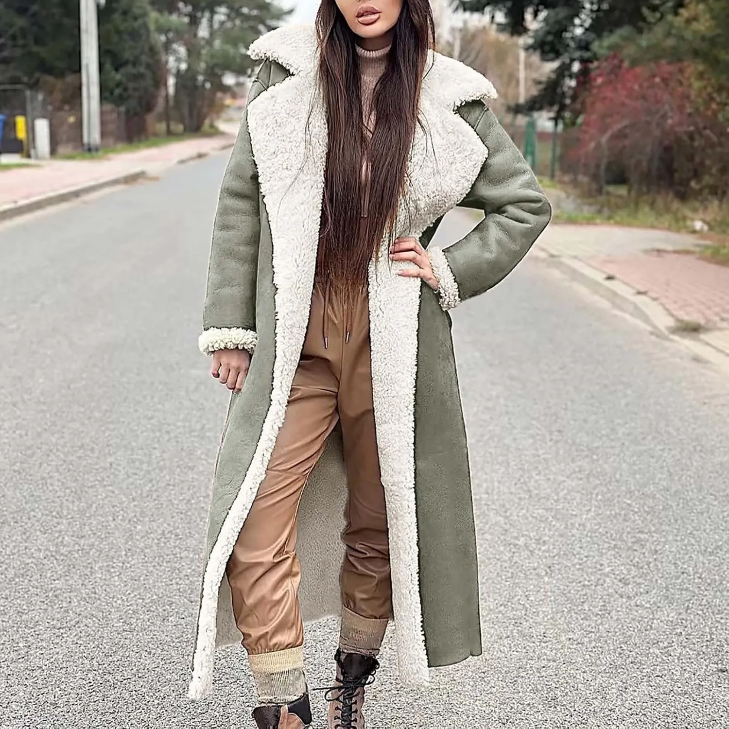 XUNRYAN Womens Trench Coats Maxi Long Thicken Winter Sherpa Fleece Jacket Warm Lapel Peacoat Shearling Parka Overcoat Anorak