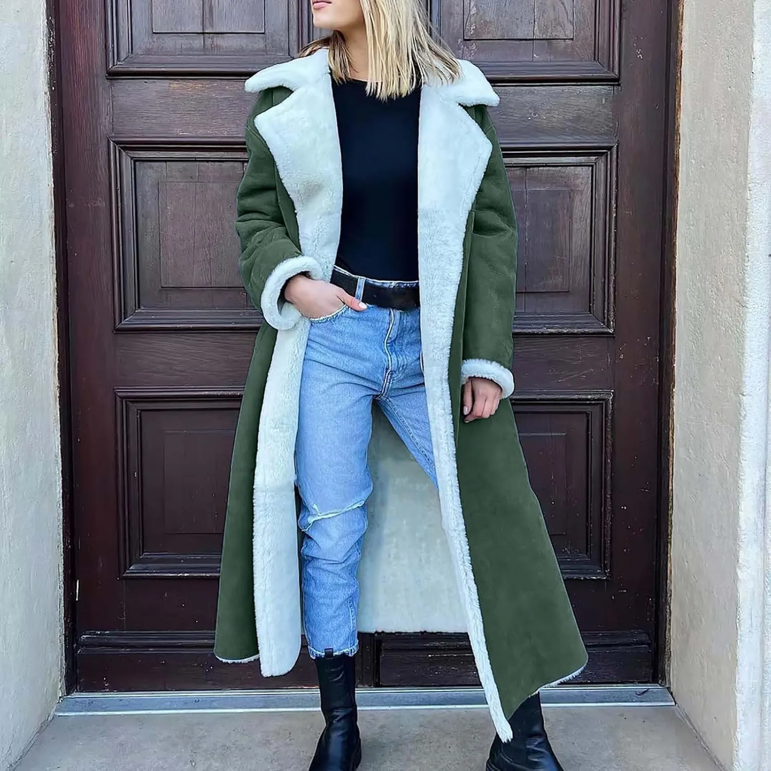XUNRYAN Womens Trench Coats Maxi Long Thicken Winter Sherpa Fleece Jacket Warm Lapel Peacoat Shearling Parka Overcoat Anorak