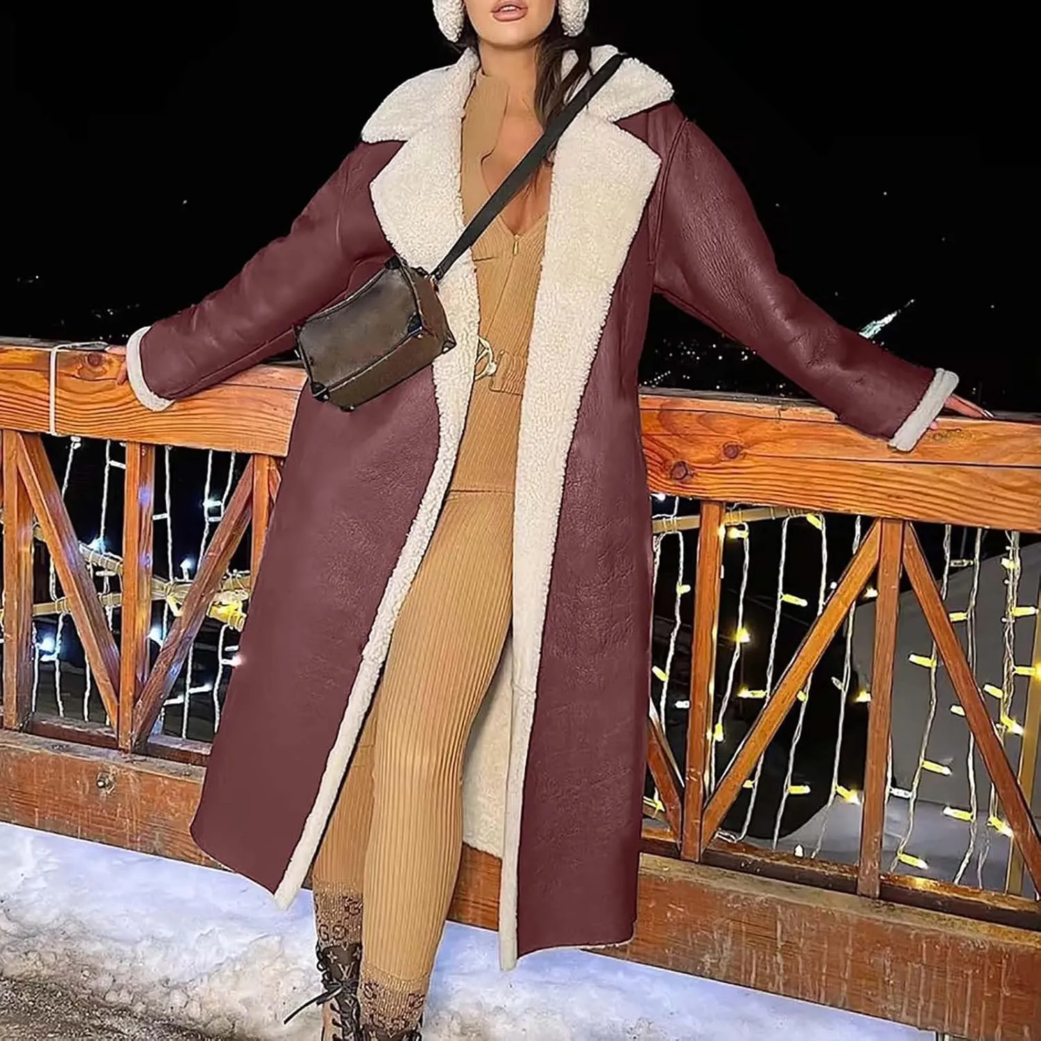 XUNRYAN Womens Trench Coats Maxi Long Thicken Winter Sherpa Fleece Jacket Warm Lapel Peacoat Shearling Parka Overcoat Anorak