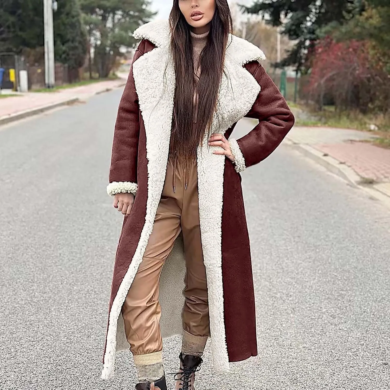 XUNRYAN Womens Trench Coats Maxi Long Thicken Winter Sherpa Fleece Jacket Warm Lapel Peacoat Shearling Parka Overcoat Anorak