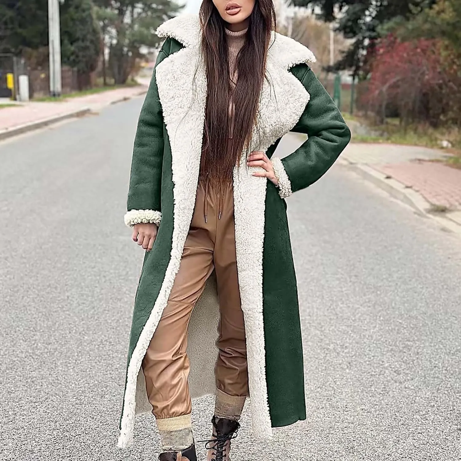 XUNRYAN Womens Trench Coats Maxi Long Thicken Winter Sherpa Fleece Jacket Warm Lapel Peacoat Shearling Parka Overcoat Anorak