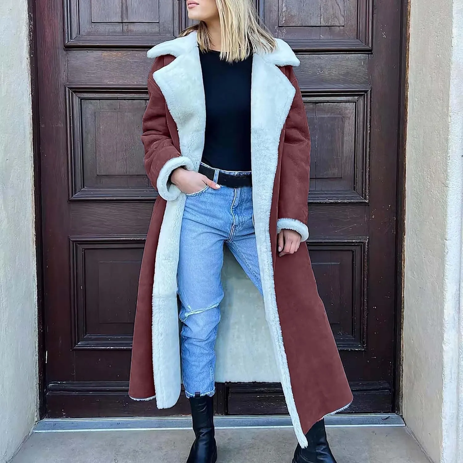 XUNRYAN Womens Trench Coats Maxi Long Thicken Winter Sherpa Fleece Jacket Warm Lapel Peacoat Shearling Parka Overcoat Anorak