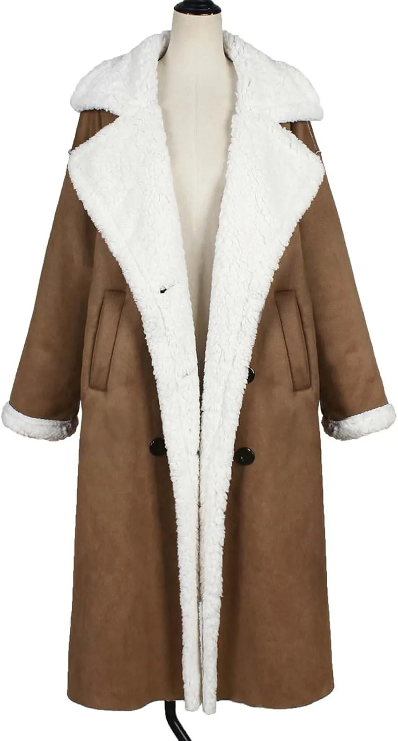 XUNRYAN Womens Trench Coats Maxi Long Thicken Winter Sherpa Fleece Jacket Warm Lapel Peacoat Shearling Parka Overcoat Anorak