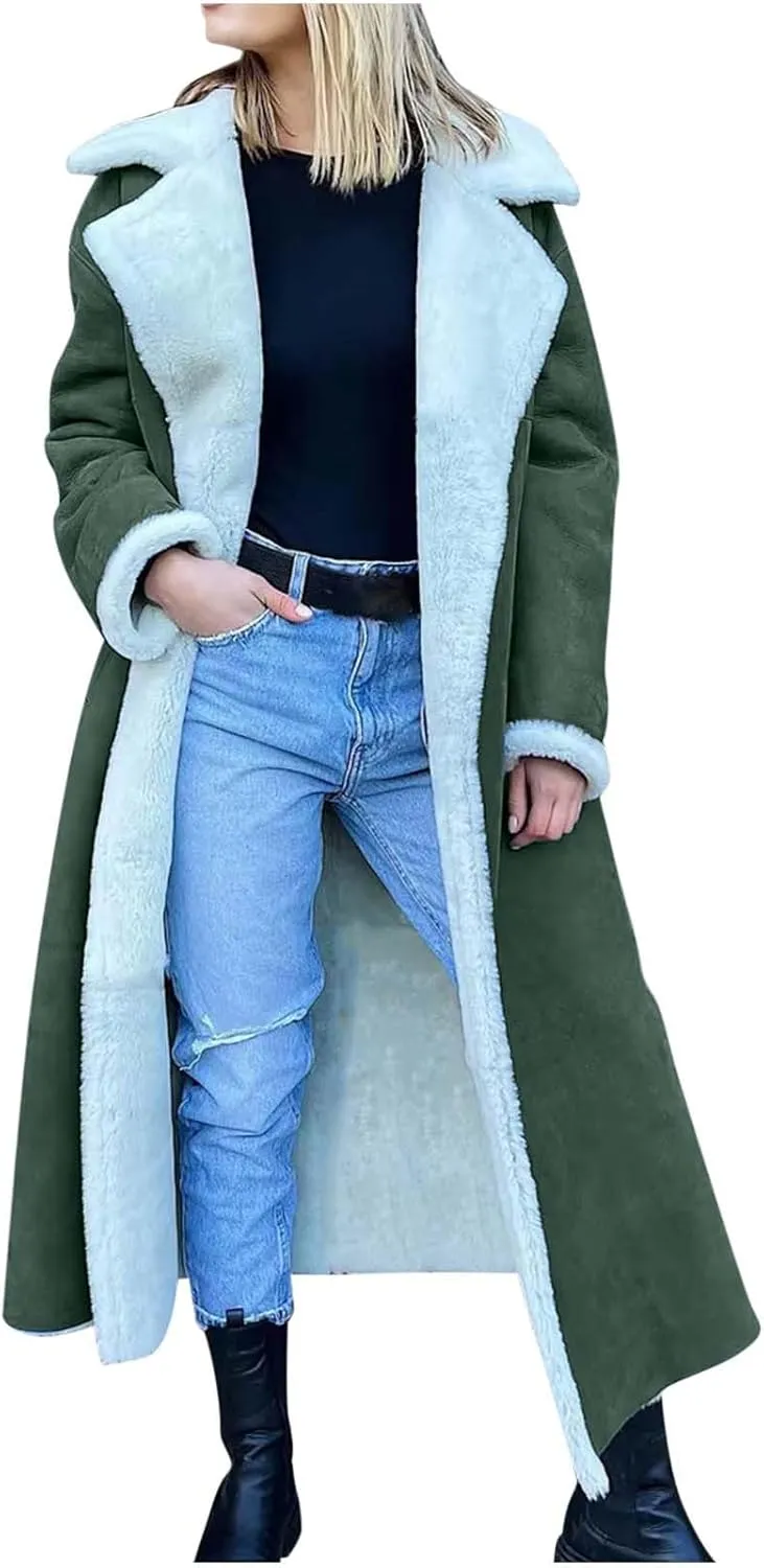 XUNRYAN Womens Trench Coats Maxi Long Thicken Winter Sherpa Fleece Jacket Warm Lapel Peacoat Shearling Parka Overcoat Anorak