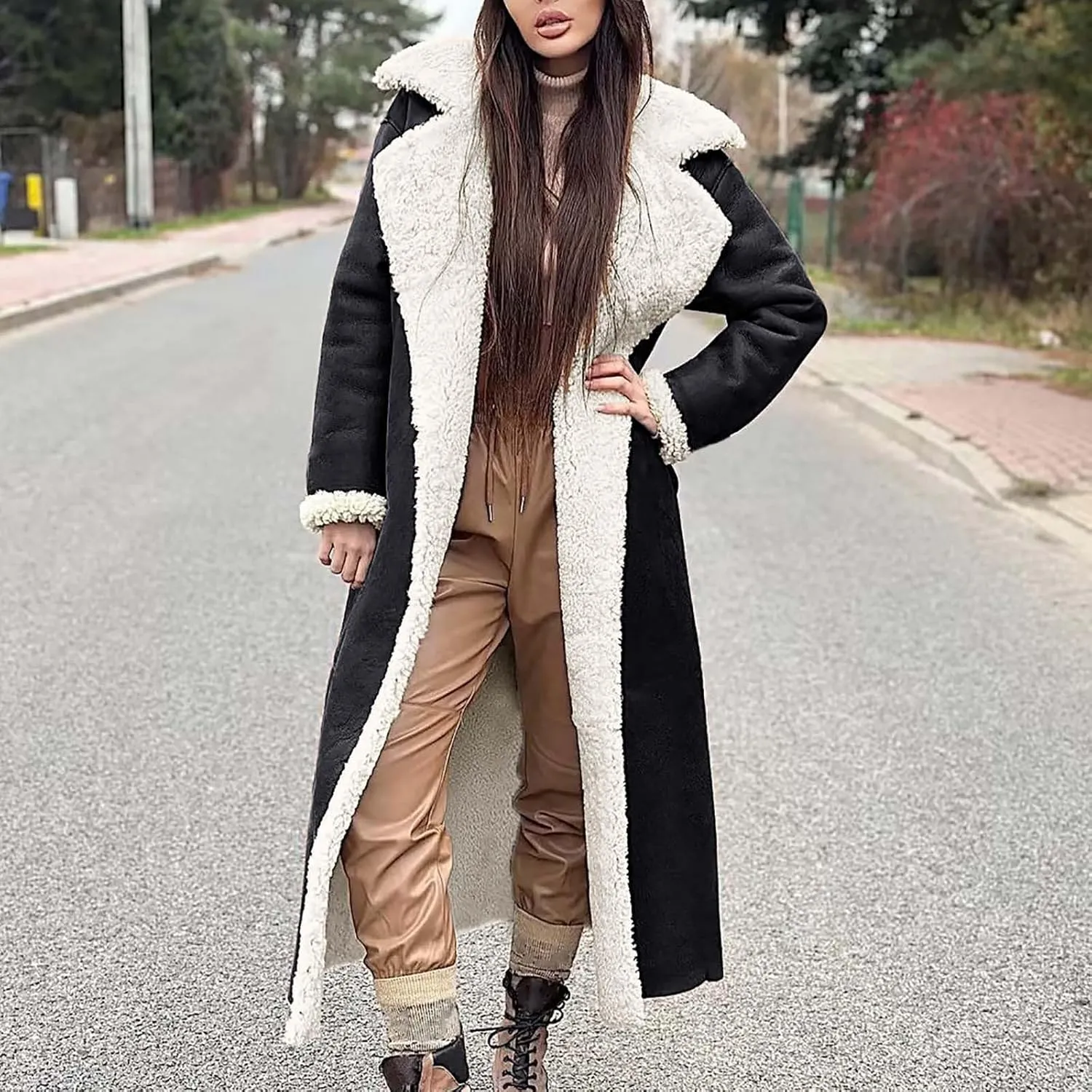 XUNRYAN Womens Trench Coats Maxi Long Thicken Winter Sherpa Fleece Jacket Warm Lapel Peacoat Shearling Parka Overcoat Anorak