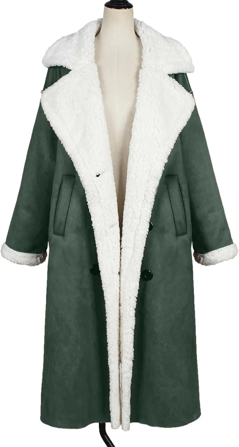 XUNRYAN Womens Trench Coats Maxi Long Thicken Winter Sherpa Fleece Jacket Warm Lapel Peacoat Shearling Parka Overcoat Anorak