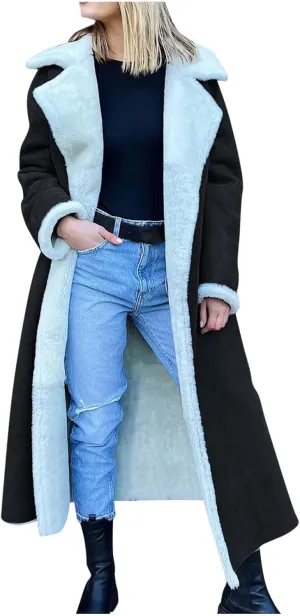 XUNRYAN Womens Trench Coats Maxi Long Thicken Winter Sherpa Fleece Jacket Warm Lapel Peacoat Shearling Parka Overcoat Anorak