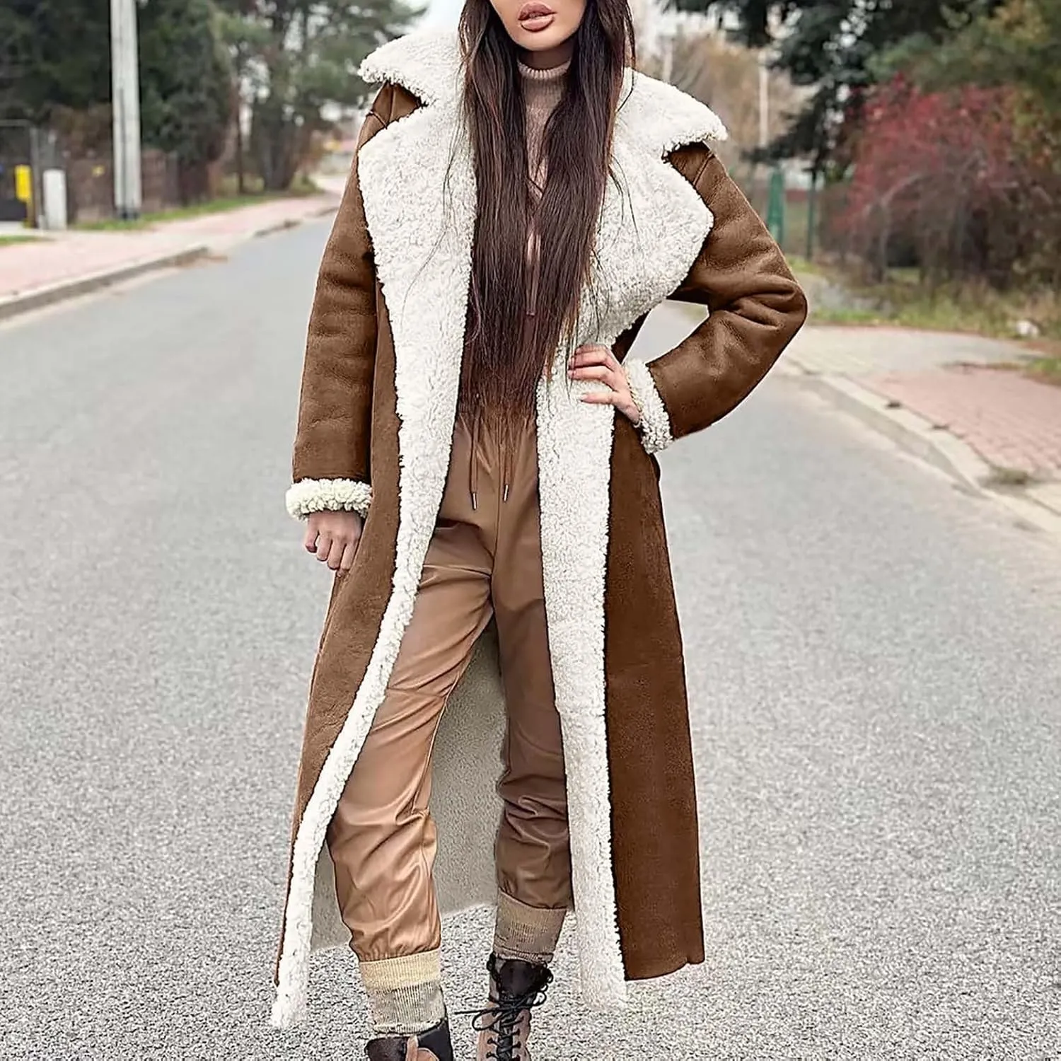 XUNRYAN Womens Trench Coats Maxi Long Thicken Winter Sherpa Fleece Jacket Warm Lapel Peacoat Shearling Parka Overcoat Anorak