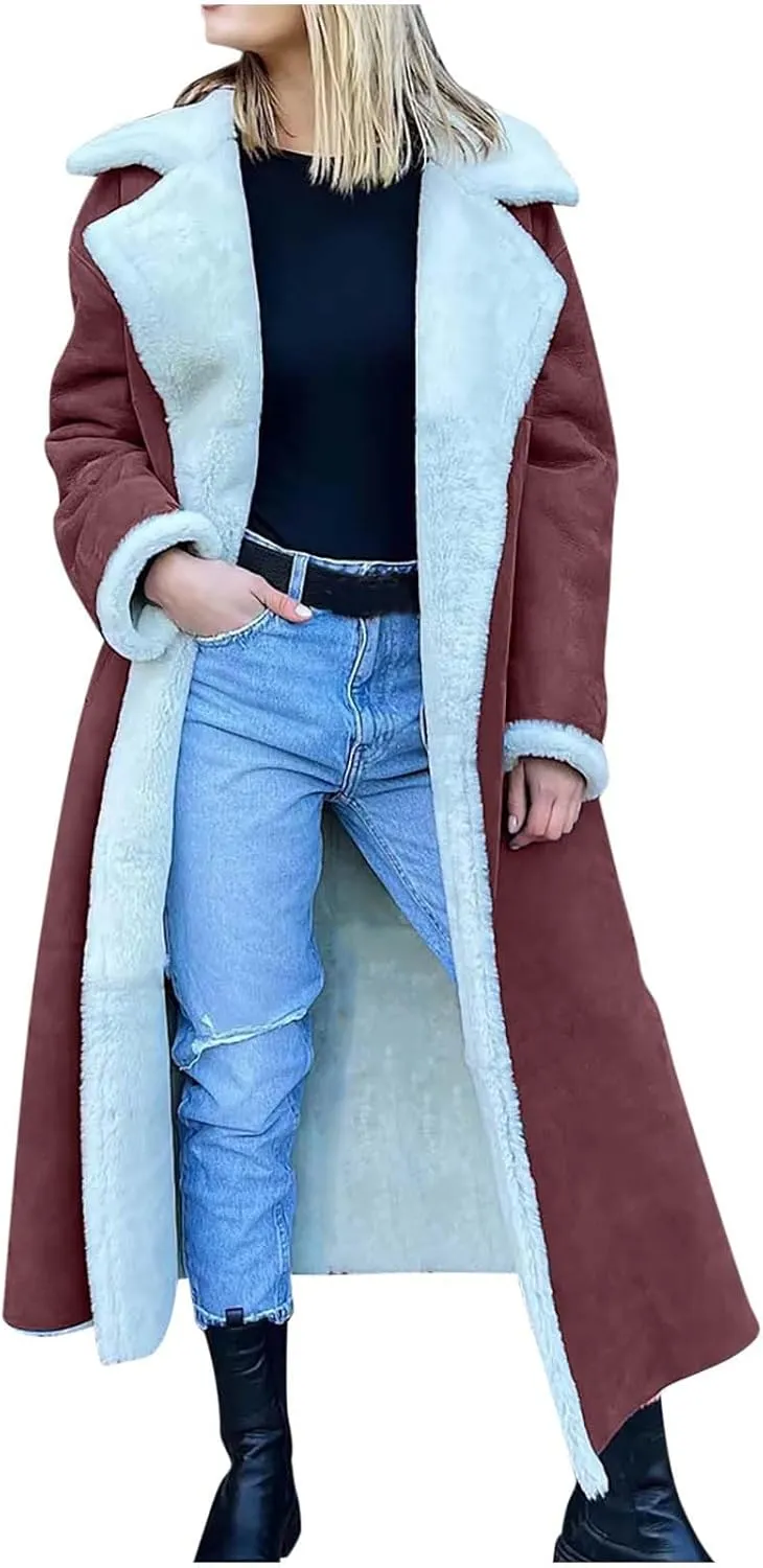 XUNRYAN Womens Trench Coats Maxi Long Thicken Winter Sherpa Fleece Jacket Warm Lapel Peacoat Shearling Parka Overcoat Anorak