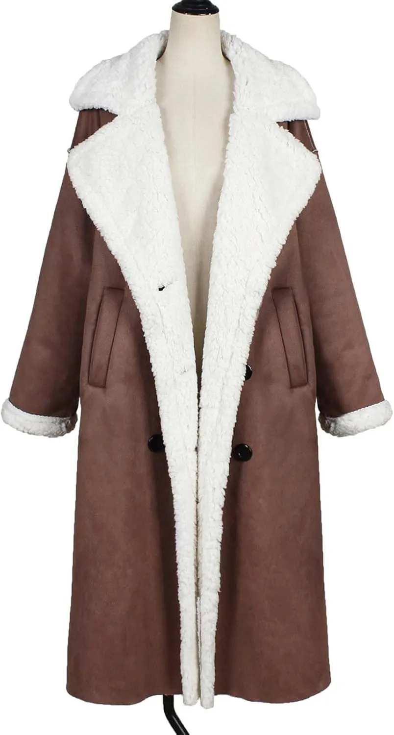 XUNRYAN Womens Trench Coats Maxi Long Thicken Winter Sherpa Fleece Jacket Warm Lapel Peacoat Shearling Parka Overcoat Anorak