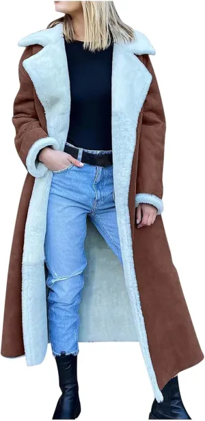 XUNRYAN Womens Trench Coats Maxi Long Thicken Winter Sherpa Fleece Jacket Warm Lapel Peacoat Shearling Parka Overcoat Anorak