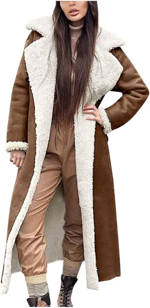 XUNRYAN Womens Trench Coats Maxi Long Thicken Winter Sherpa Fleece Jacket Warm Lapel Peacoat Shearling Parka Overcoat Anorak