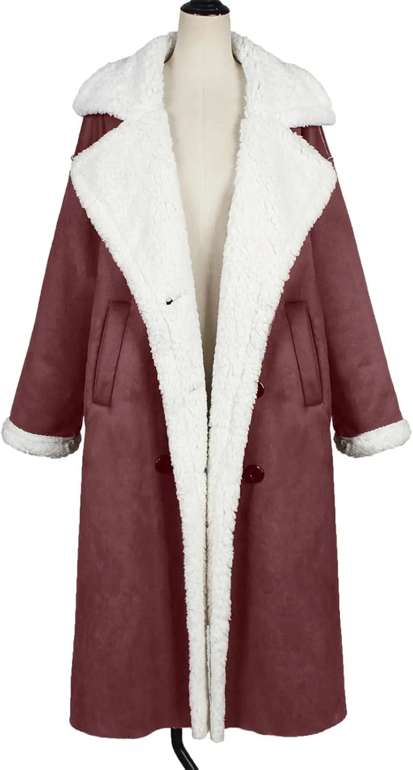 XUNRYAN Womens Trench Coats Maxi Long Thicken Winter Sherpa Fleece Jacket Warm Lapel Peacoat Shearling Parka Overcoat Anorak